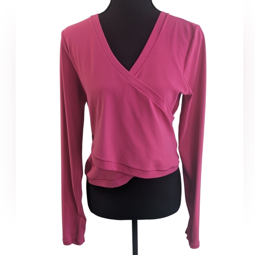 Athleta Fuchsia Long Sleeve Faux Wrap Top Size Large Small Flaw